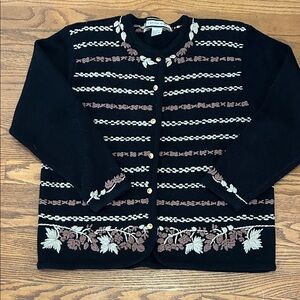 Vintage Crystal Kobe Elegant Black Cardigan with Floral Embroidery